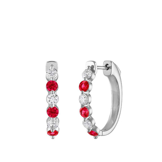 Round Ruby & 1/2 ct. tw. Diamond Hoop Earrings in 14K White Gold