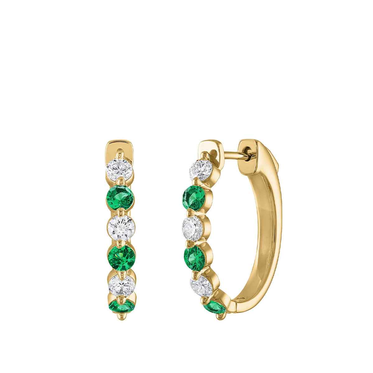 Round Emerald & 1/2 ct. tw. Diamond Hoop Earrings in 14K Yellow Gold