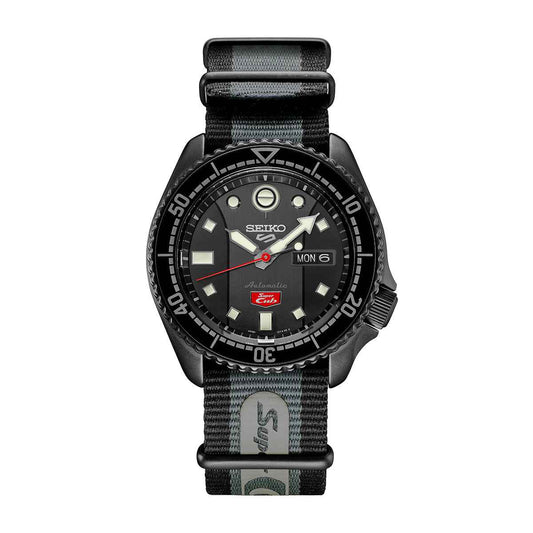 Seiko Men's 5 Sport Automatic Black Stainless Steel Watch with Black Dial & Nylon Strap