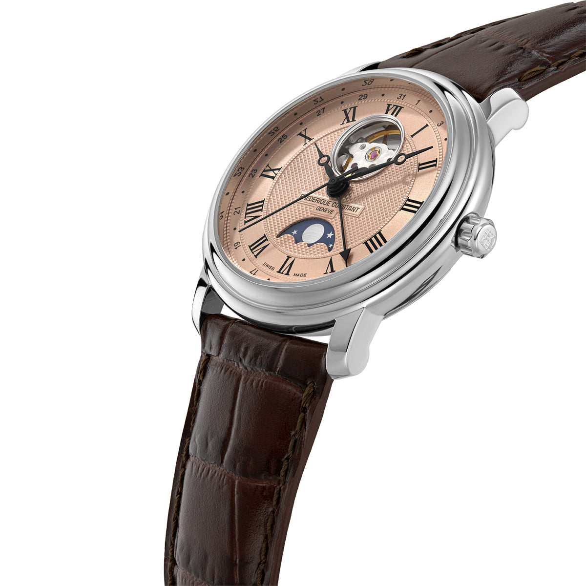 stainless steel men's Frederique Constant automatic watch with brown dial and leather strap