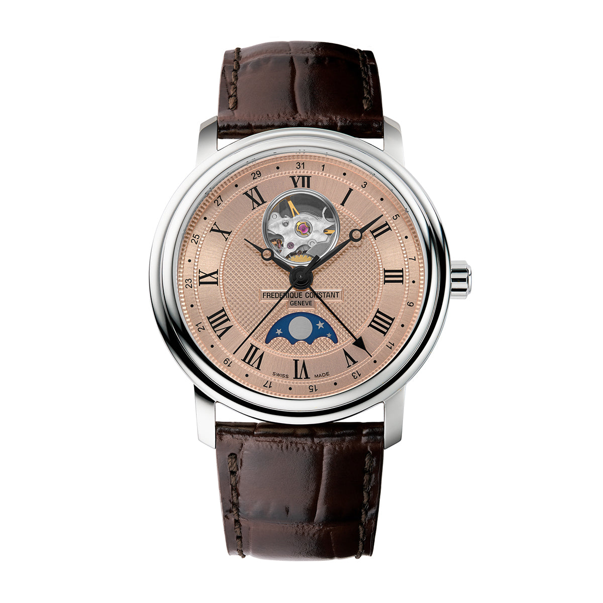 stainless steel men's Frederique Constant automatic watch with brown dial and leather strap