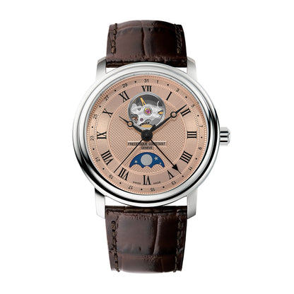 stainless steel men's Frederique Constant automatic watch with brown dial and leather strap