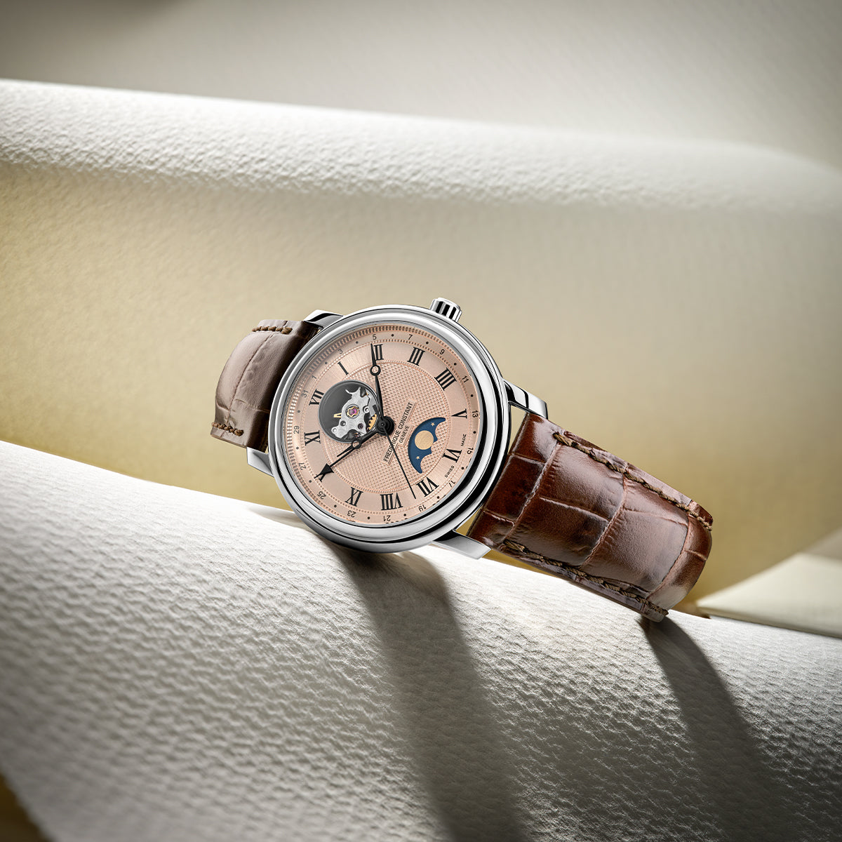 stainless steel men's Frederique Constant automatic watch with brown dial and leather strap