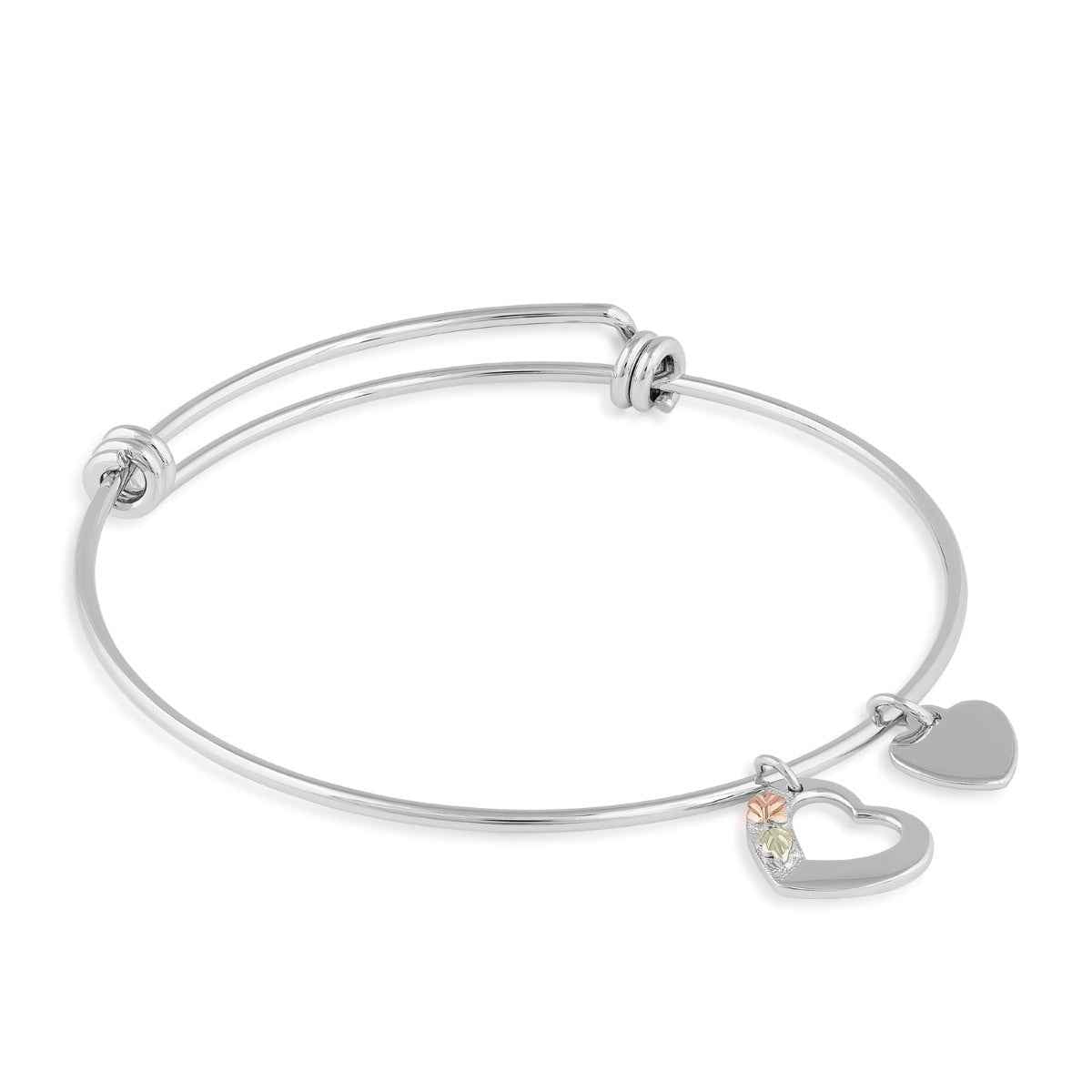 Black Hills Gold Sterling Silver Engravable Heart Charm on Expandable Bangle Bracelet in Stainless Steel Plating
