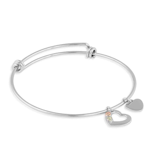 Black Hills Gold Sterling Silver Engravable Heart Charm on Expandable Bangle Bracelet in Stainless Steel Plating