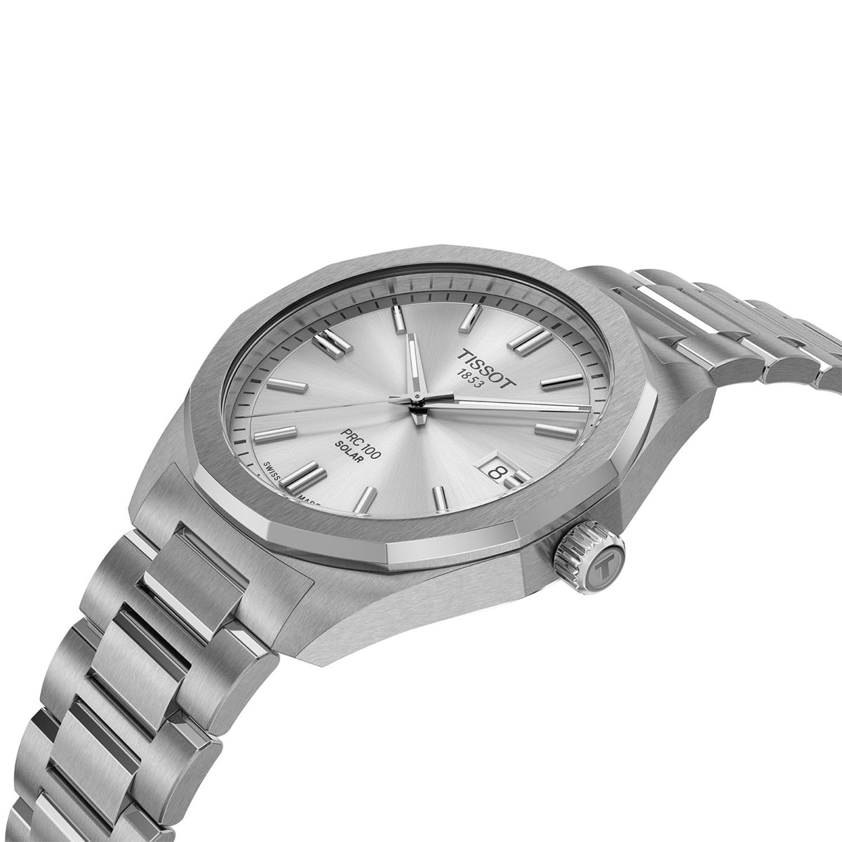 stainless steel men's Tissot solar quartz watch with silver dial