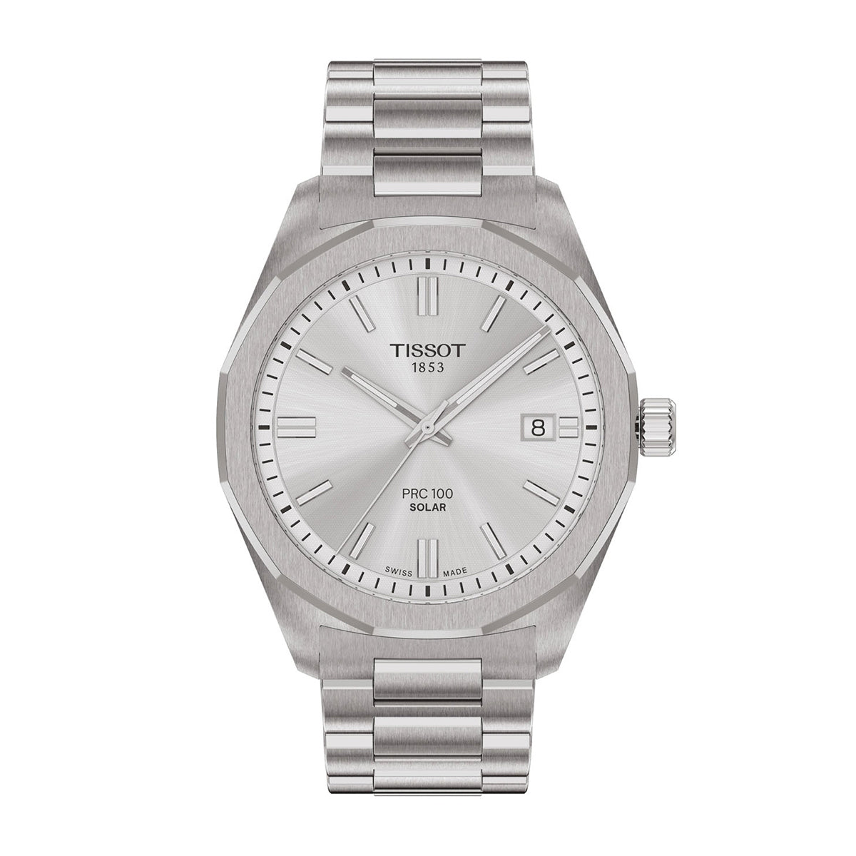 stainless steel men's Tissot solar quartz watch with silver dial