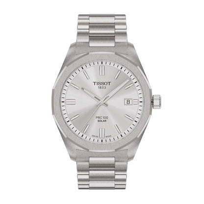 stainless steel men's Tissot solar quartz watch with silver dial