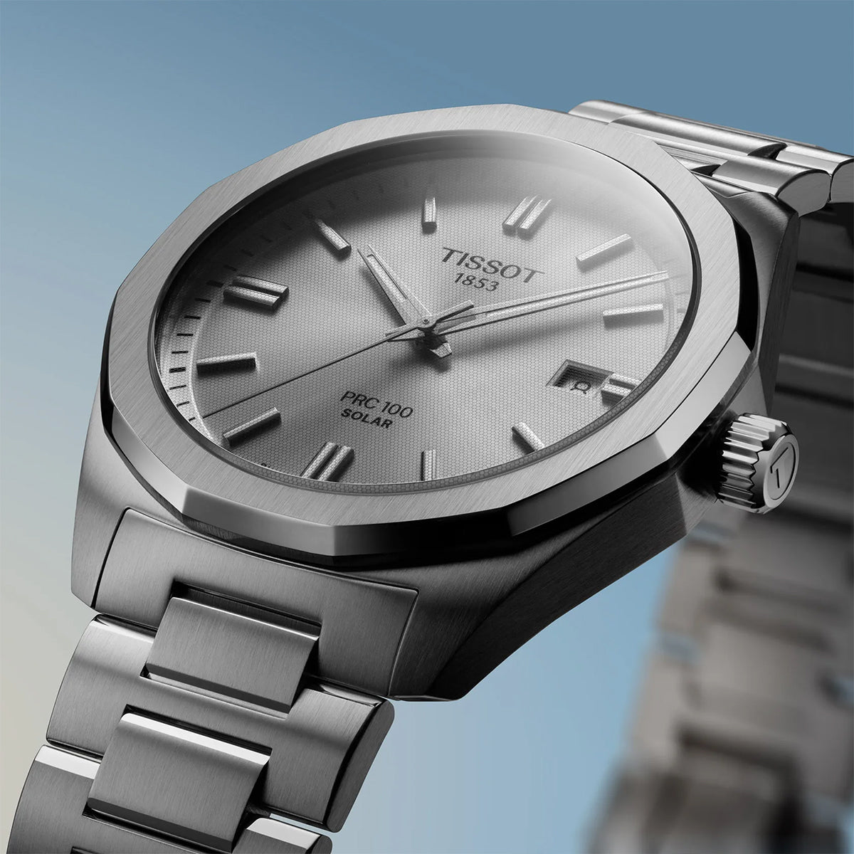 stainless steel men's Tissot solar quartz watch with silver dial