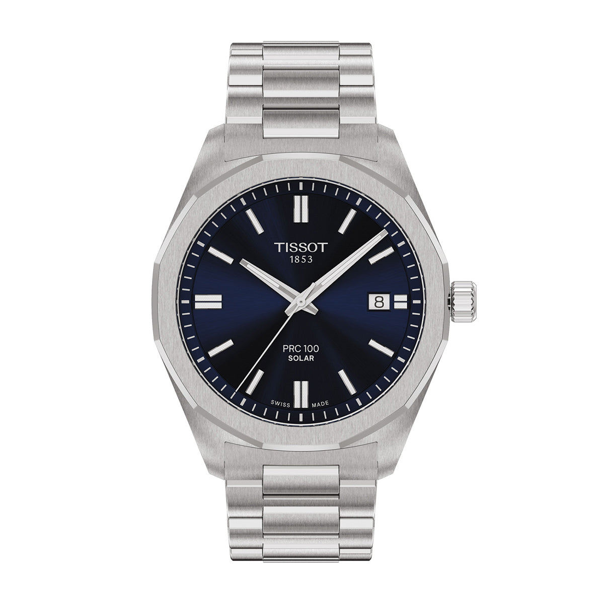 stainless steel men's Tissot solar quartz watch with blue dial