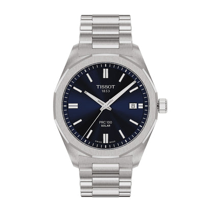 stainless steel men's Tissot solar quartz watch with blue dial