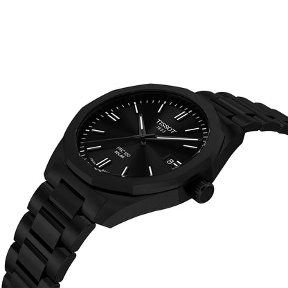 black stainless steel men's Tissot solar quartz watch with black dial