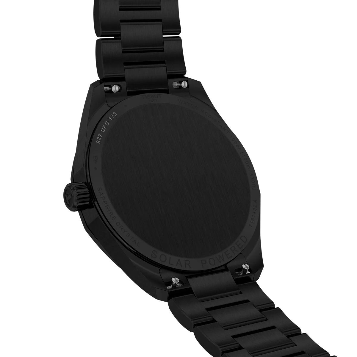 black stainless steel men's Tissot solar quartz watch with black dial