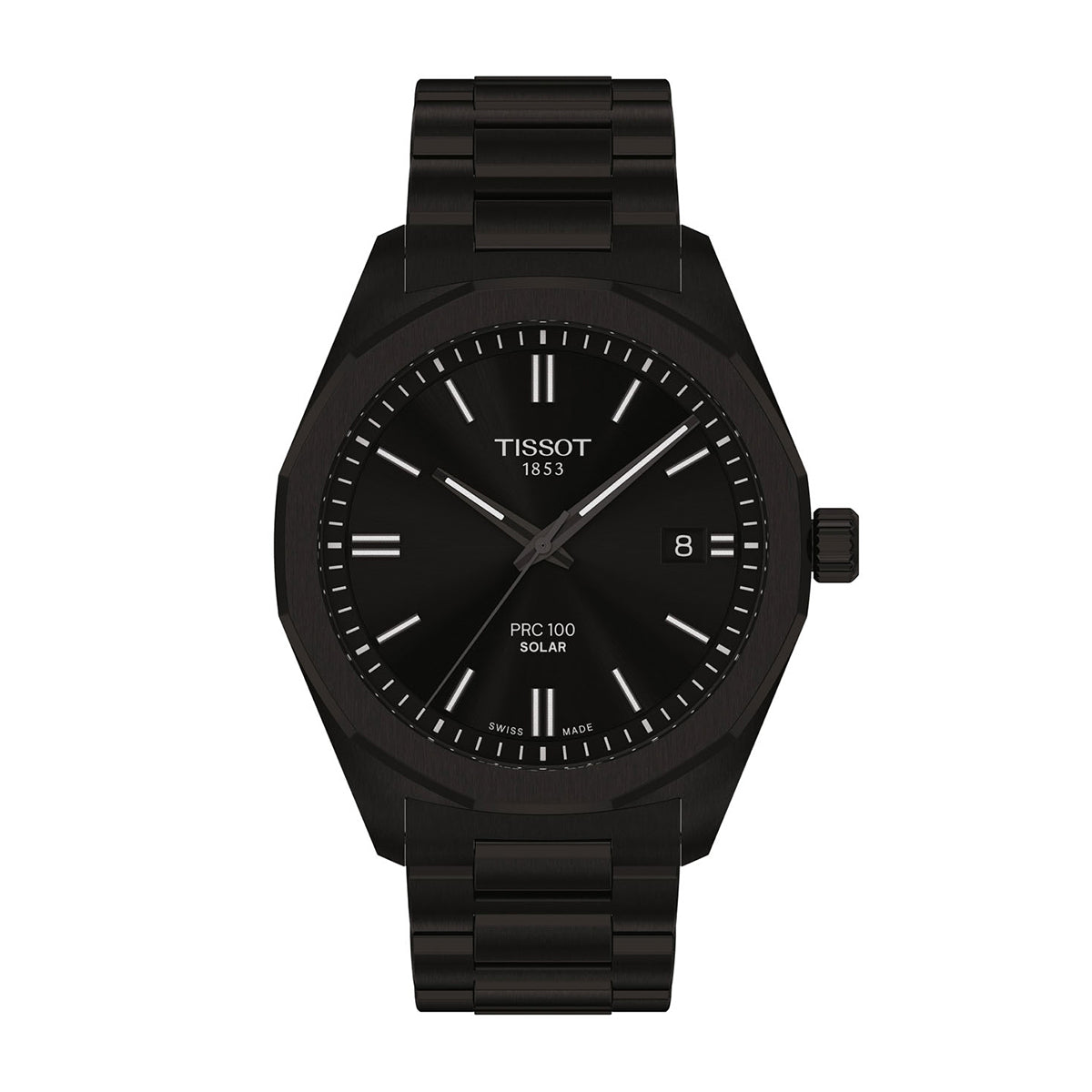 black stainless steel men's Tissot solar quartz watch with black dial