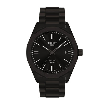 black stainless steel men's Tissot solar quartz watch with black dial