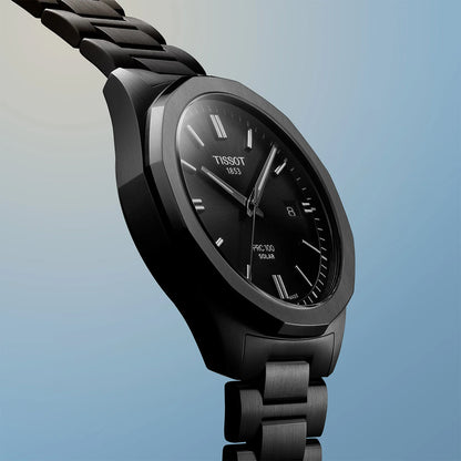 black stainless steel men's Tissot solar quartz watch with black dial