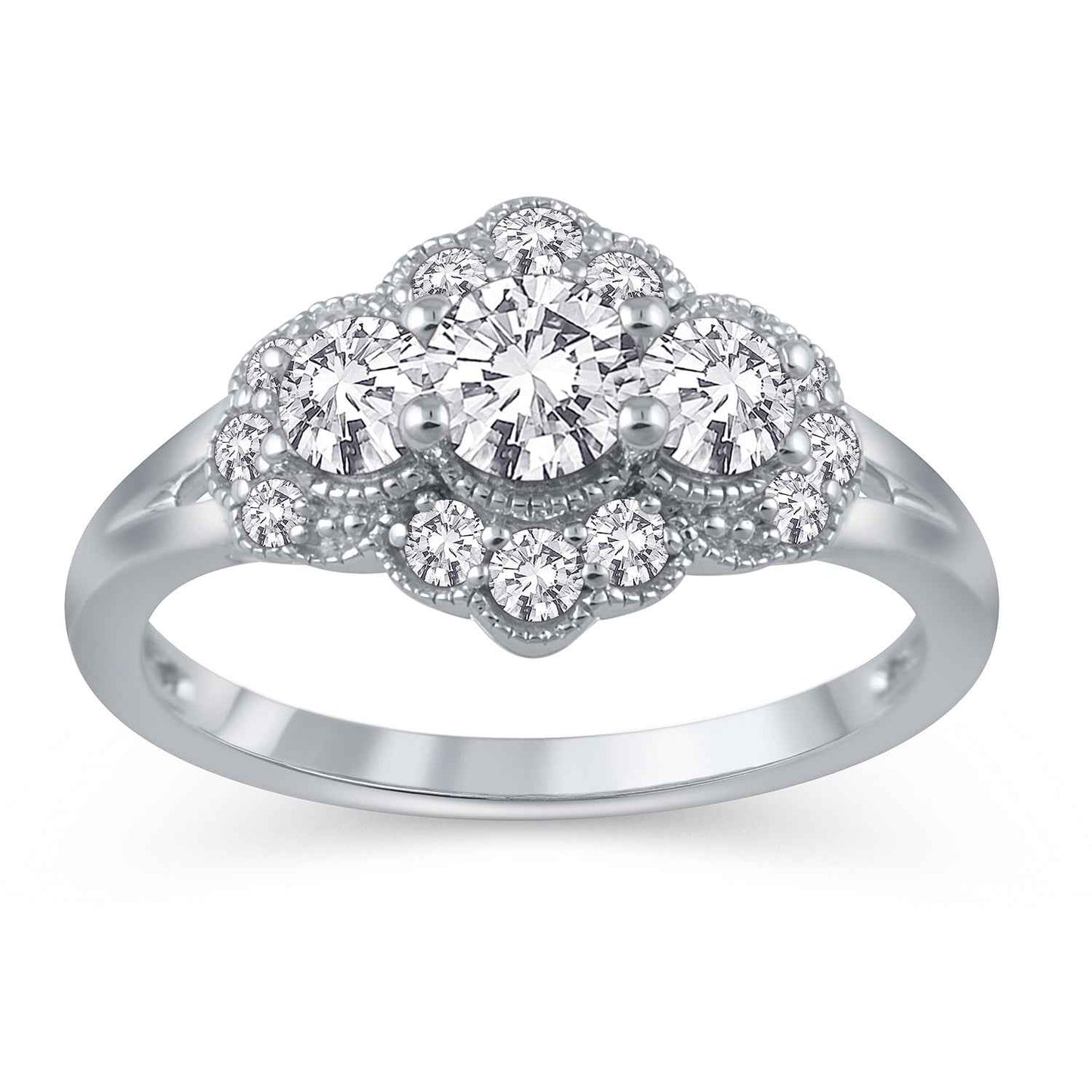 1 ct. tw. Round 3-Stone Diamond Anniversary Band with Milgrain Border Detailing in 14K White Gold