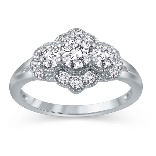 1 ct. tw. Round 3-Stone Diamond Anniversary Band with Milgrain Border Detailing in 14K White Gold