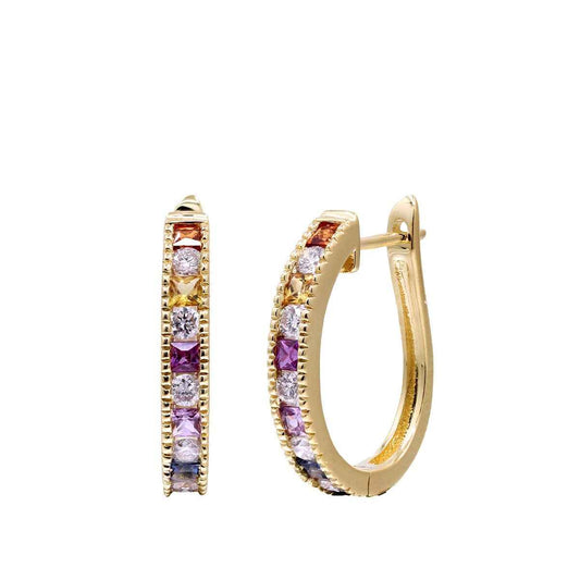 Square Rainbow Sapphire & 1/3 ct. tw. Diamond Hoop Earrings in 14K Yellow Gold