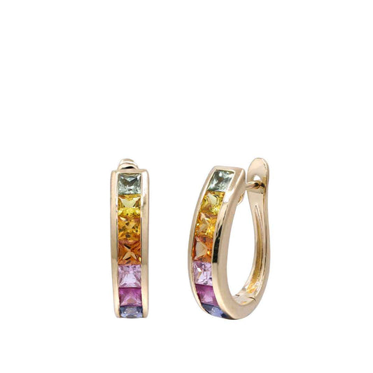 Square Rainbow Sapphire Hoop Earrings in 14K Yellow Gold