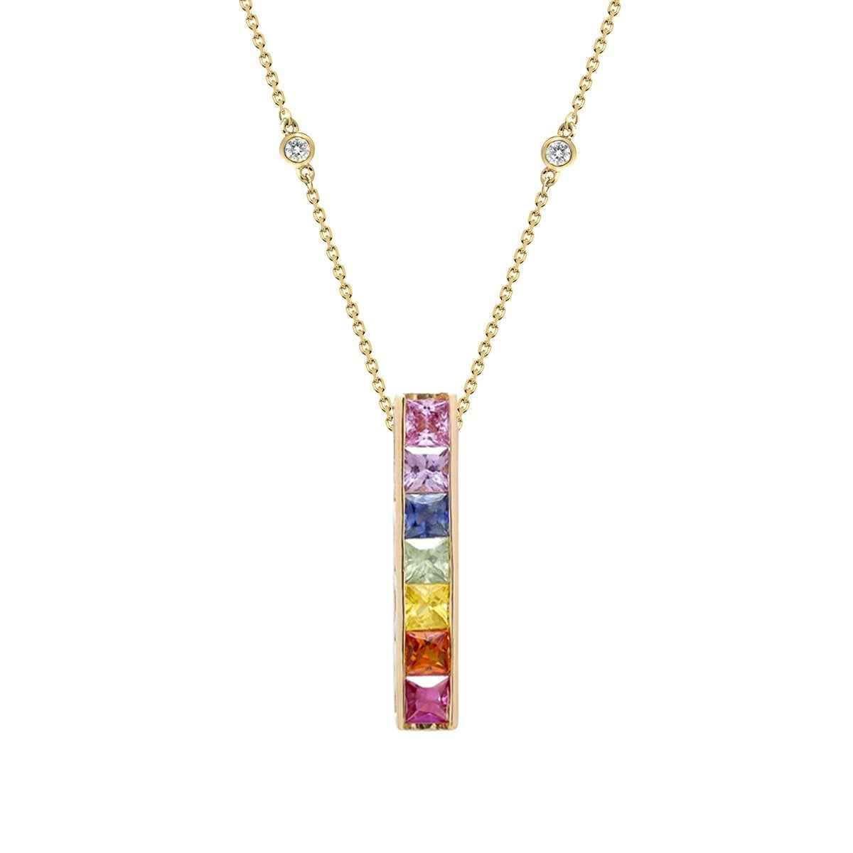 Square Rainbow Sapphire & Diamond Accent Pendant in 14K Yellow Gold