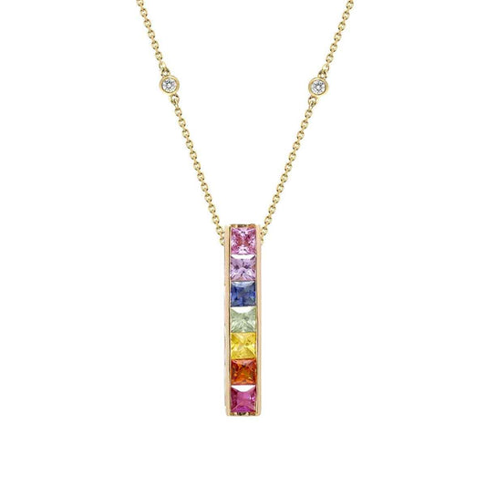 Square Rainbow Sapphire & Diamond Accent Pendant in 14K Yellow Gold