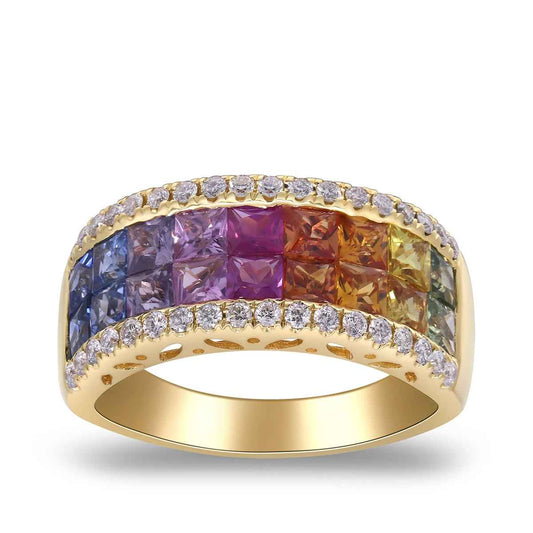 Square Rainbow Sapphire & 1/3 ct. tw. Diamond Ring in 14K Yellow Gold