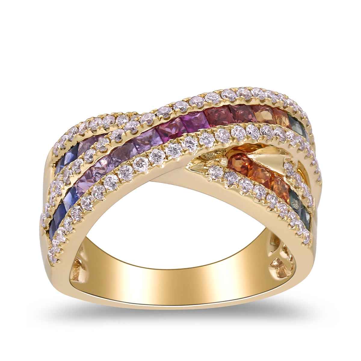 Square Rainbow Sapphire & 1/2 ct. tw. Diamond Crossover Ring in 14K Yellow Gold