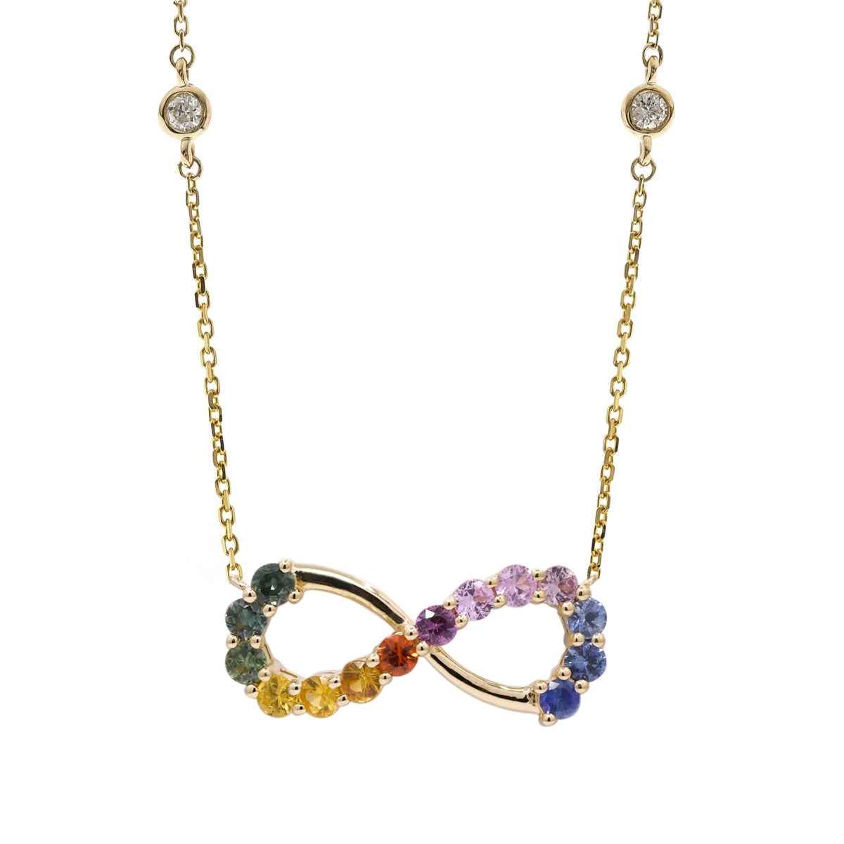 Round Rainbow Sapphire & Round Diamond Accent Infinity Necklace in 14K Yellow Gold