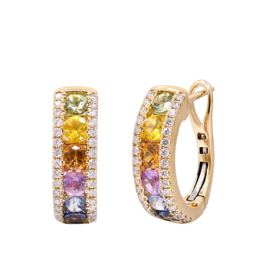 Round Rainbow Sapphire & 1/3 ct. tw. Diamond Hoop Earrings in 14K Yellow Gold