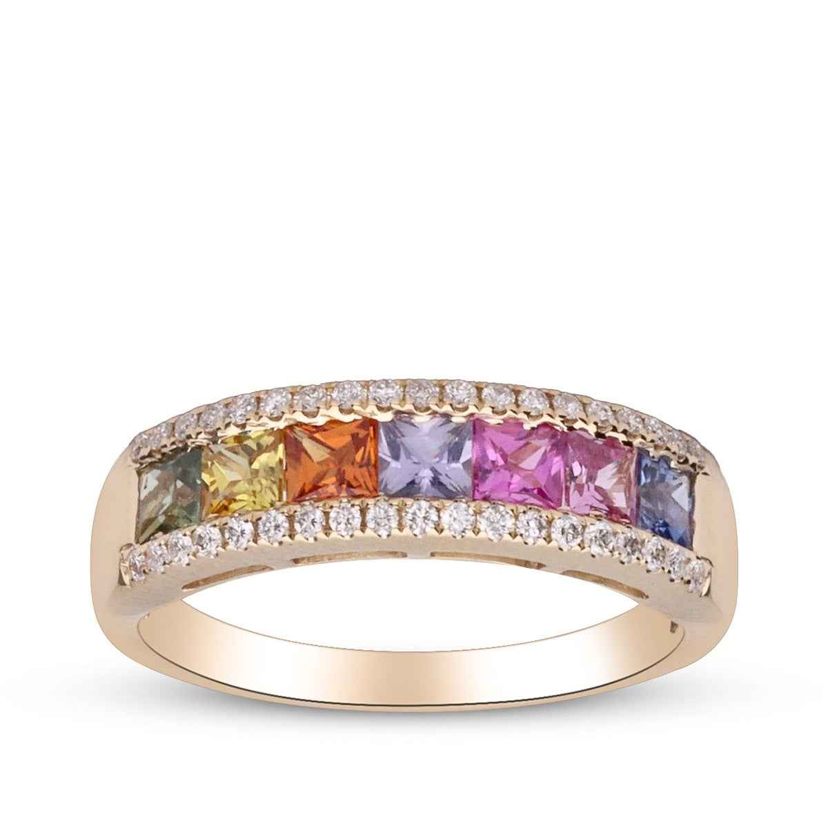 Square Rainbow Sapphire & 1/5 ct. tw. Diamond Ring in 14K Yellow Gold