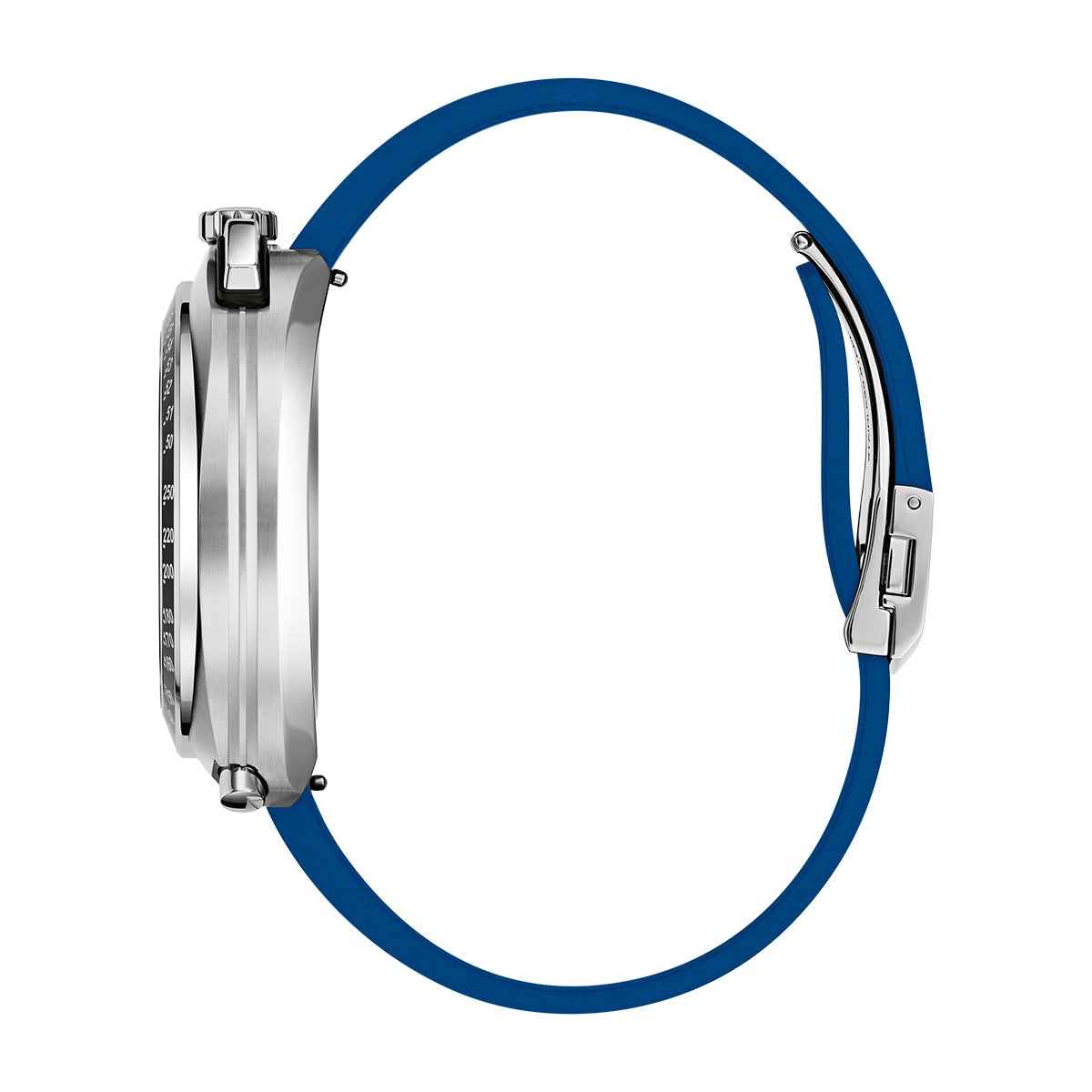 Bulova Men's Shelby G Quartz Stainless Steel Watch with Blue Dial & Striped Rubber Strap front view