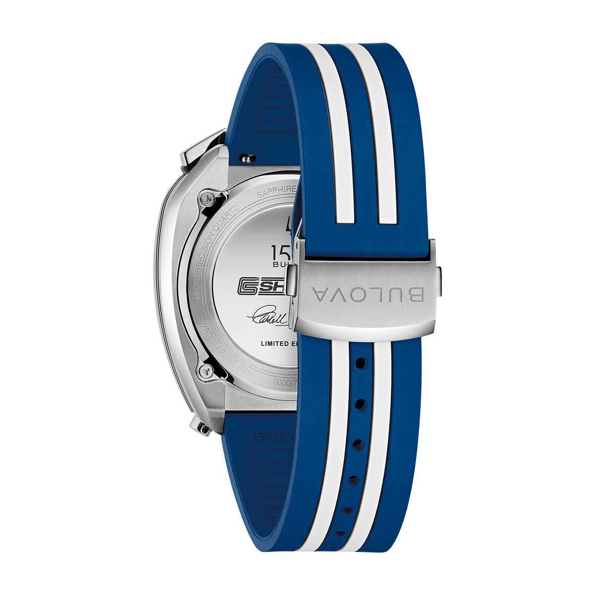 Bulova Men's Shelby G Quartz Stainless Steel Watch with Blue Dial & Striped Rubber Strap close-up detail