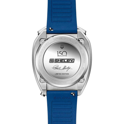 Bulova Men's Shelby G Quartz Stainless Steel Watch with Blue Dial & Striped Rubber Strap side profile