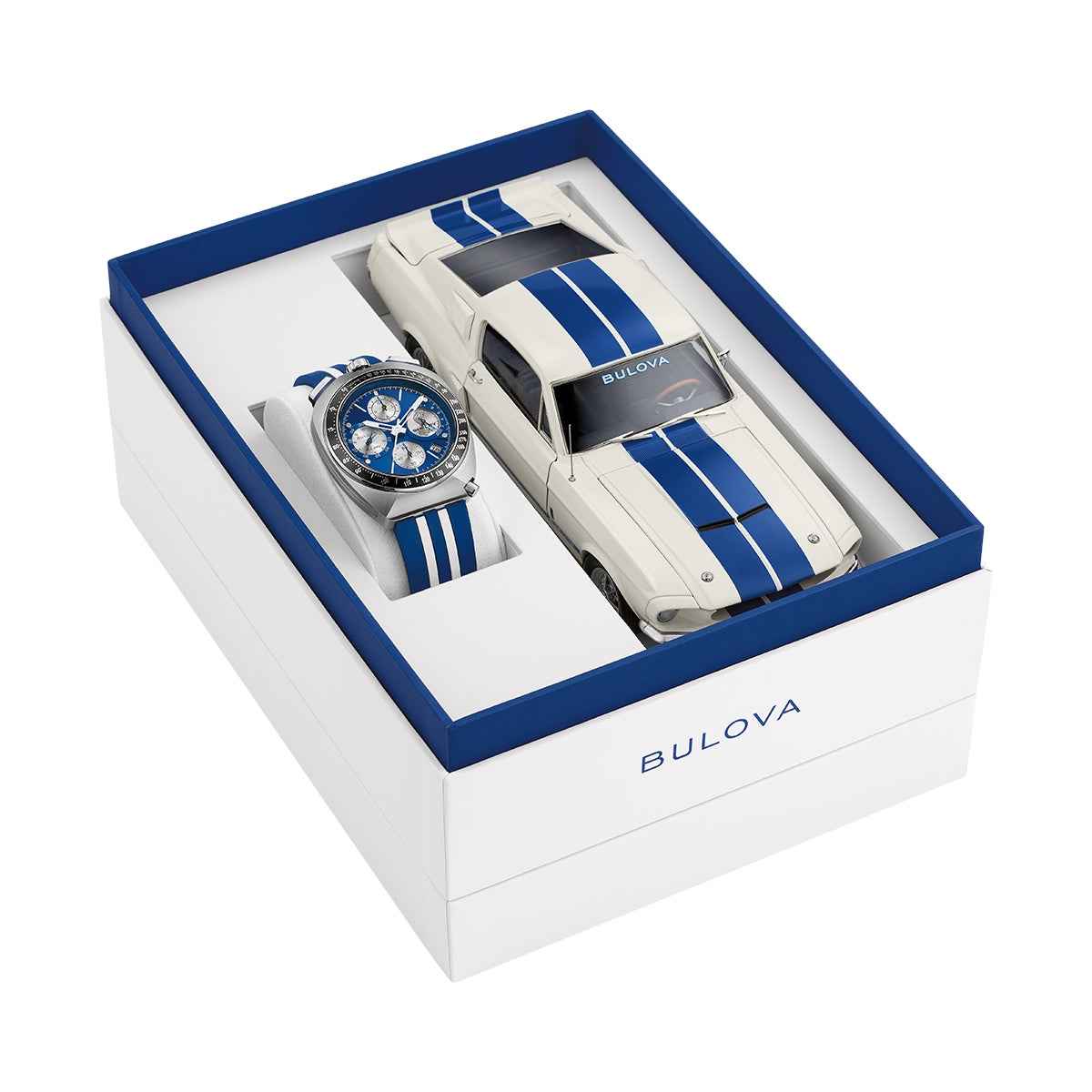 Bulova Men's Shelby G Quartz Stainless Steel Watch with Blue Dial & Striped Rubber Strap full view