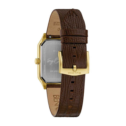 Bulova Men's We Are All Here Quartz Gold-Tone Stainless Steel Watch with Black Dial & Brown Leather Strap