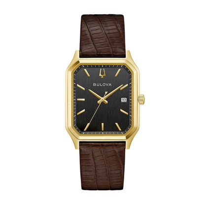 Bulova Men's We Are All Here Quartz Gold-Tone Stainless Steel Watch with Black Dial & Brown Leather Strap