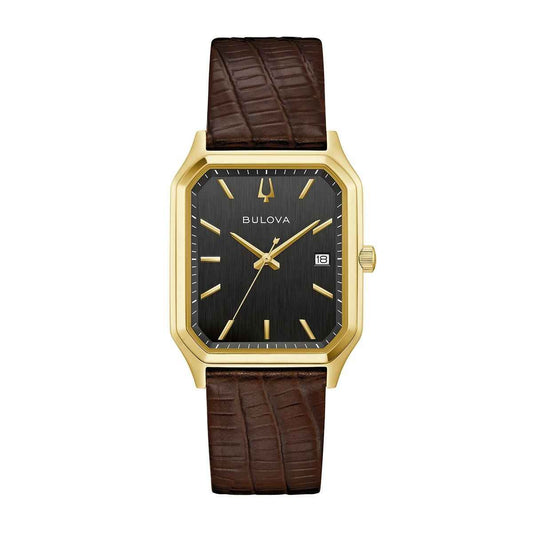 Bulova Men's We Are All Here Quartz Gold-Tone Stainless Steel Watch with Black Dial & Brown Leather Strap