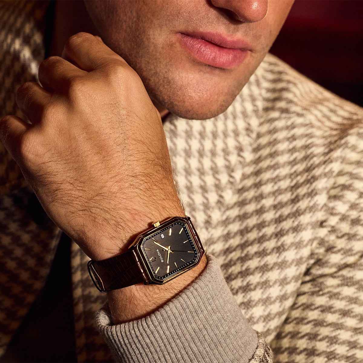 Bulova Men's We Are All Here Quartz Gold-Tone Stainless Steel Watch with Black Dial & Brown Leather Strap