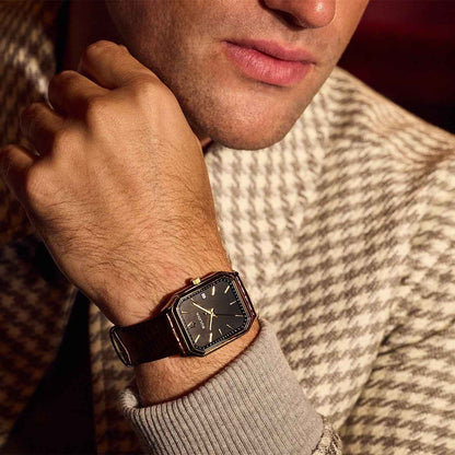 Bulova Men's We Are All Here Quartz Gold-Tone Stainless Steel Watch with Black Dial & Brown Leather Strap