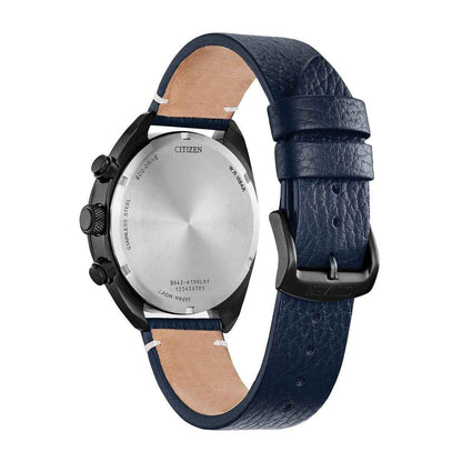 Citizen Men's Sport Casual Black Stainless Steel Watch with Blue Dial & Leather Strap