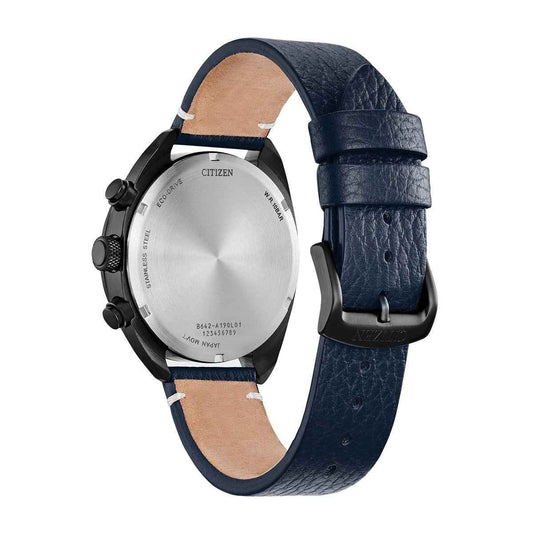 Citizen Men's Sport Casual Black Stainless Steel Watch with Blue Dial & Leather Strap