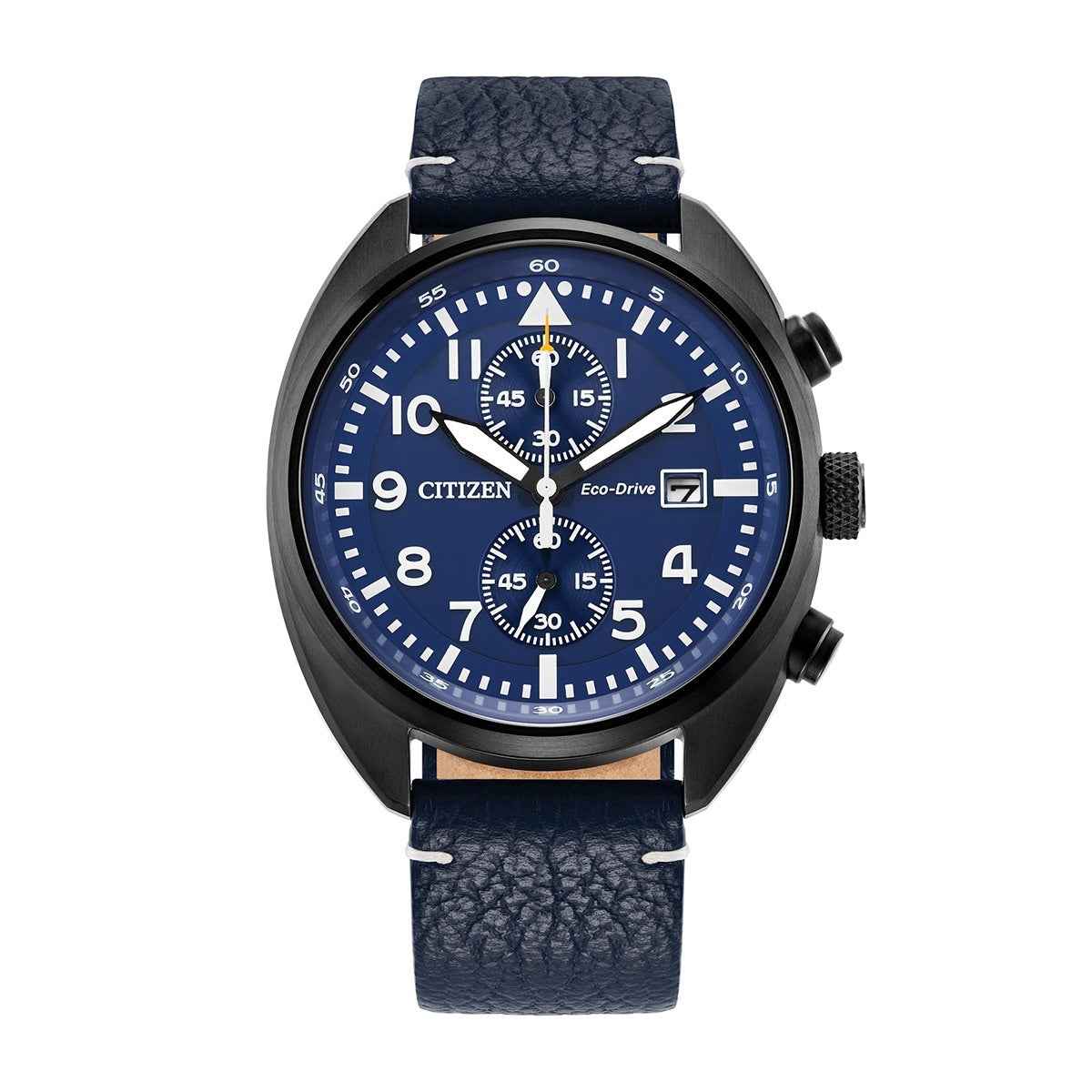 Citizen Men's Sport Casual Black Stainless Steel Watch with Blue Dial & Leather Strap
