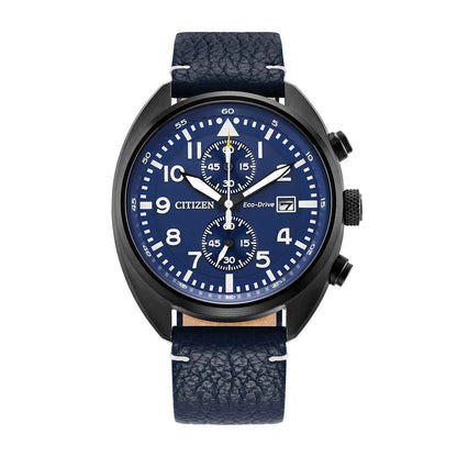 Citizen Men's Sport Casual Black Stainless Steel Watch with Blue Dial & Leather Strap