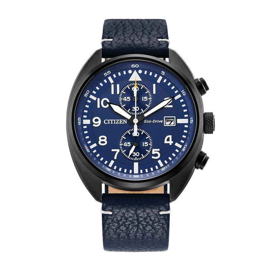 Citizen Men's Sport Casual Black Stainless Steel Watch with Blue Dial & Leather Strap