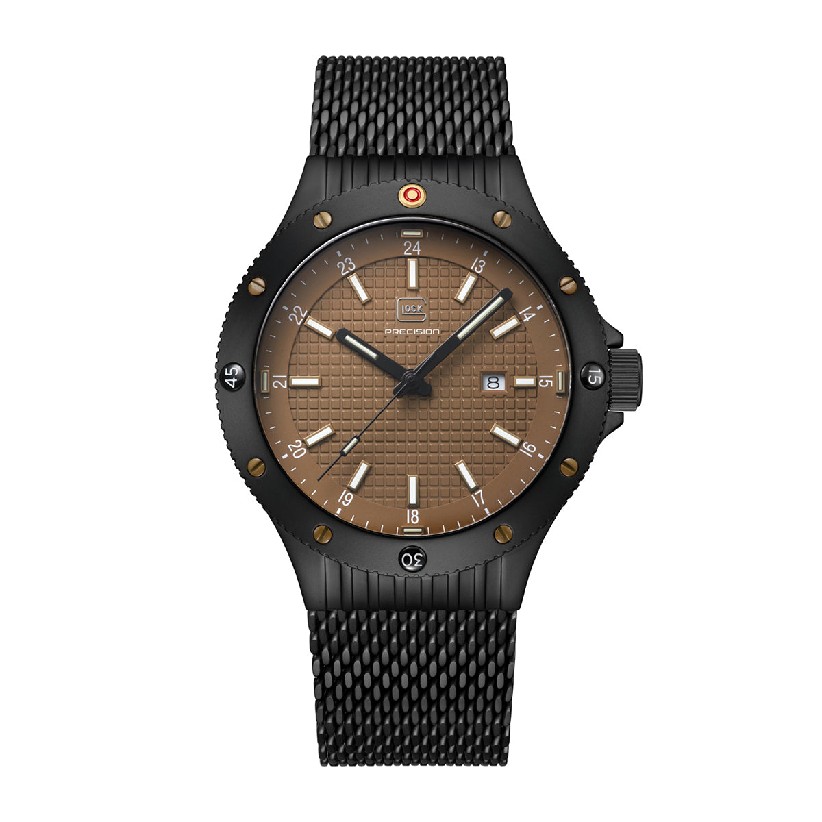 glock brown dial mesh strap black stainless steel watch