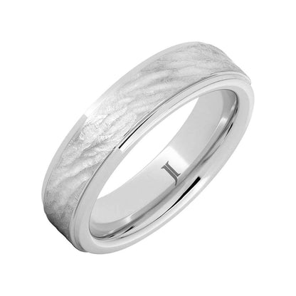 Men's Tree Bark Finish Polished Edge Wedding Ring in Serinium front view