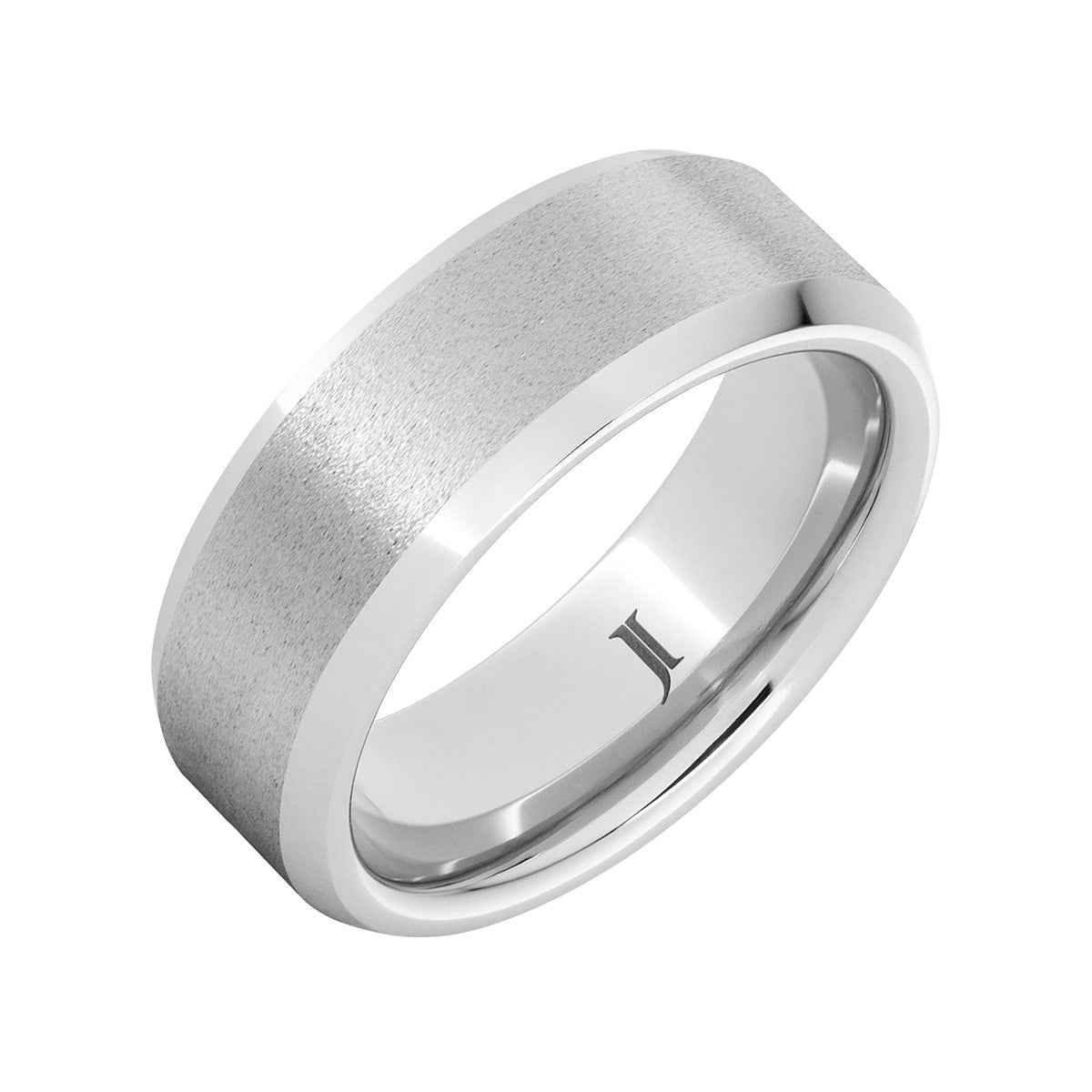Men's Stone Finish Beveled Edge Wedding Ring in Serinium front view