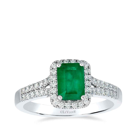 Le Vian Emerald Cut Emerald & 1/4 ct. tw. Vanilla Diamond Halo Ring in 14K Vanilla Gold