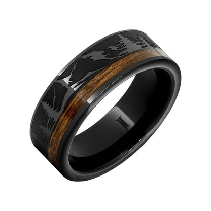Men's Wood Inlay Mountain Engraved Wedding Ring in Black Ceramic front view